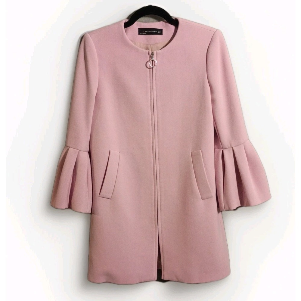 Zara Pink Ruffle Bell Sleeve Coat Lined‎ Full Zip Sz XS Peacoat